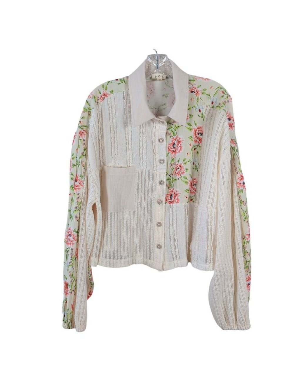POL Women's Blouse M Floral Patchwork Lace Knit Button Front Boho Romantic